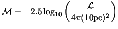 $\displaystyle {\cal M} = -2.5 \log_{10}\left(\frac{{\cal L}}{4\pi (10 {\rm pc})^2}\right)$