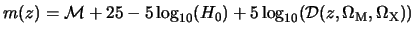 $\displaystyle m(z) = {\cal M} +25 -5 \log_{10}(H_0) + 5\log_{10}({\cal D}(z,\Omega_{\rm M}, \Omega_{\rm X}))$