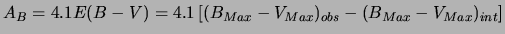 $\displaystyle A_B = 4.1 E(B-V) = 4.1 \left[(B_{Max}-V_{Max})_{obs} - (B_{Max}-V_{Max})_{int} \right]$